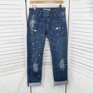 Express Distressed Bleach Splatter Baggy‎ Straight Leg Boyfriend Jeans Blue 2